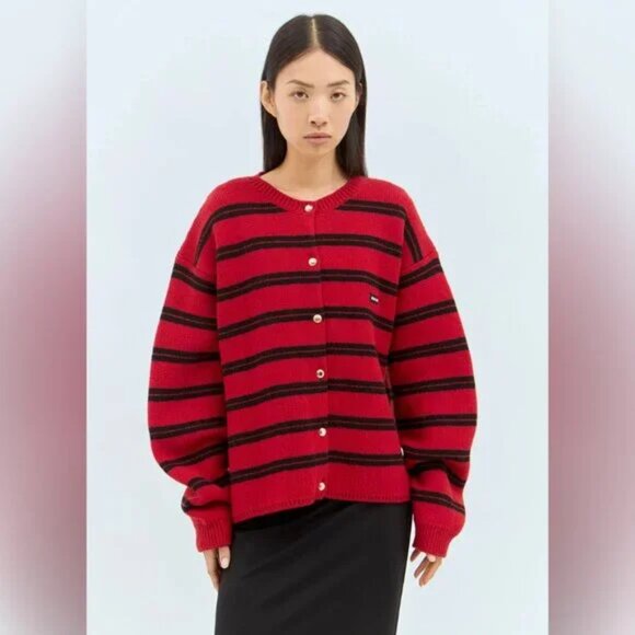 MIU MIU Shetland Knit Cardigan In Red/black - Picture 1 of 11